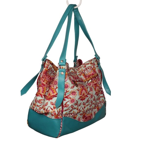 Karried Astray Teal Green Faux Leather Floral Fabric Satchel Shoulder Purse - Picture 2 of 14